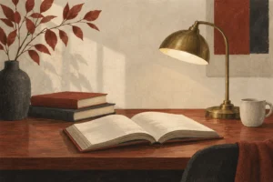 Illustration av böcker och en läslampa på ett bord.